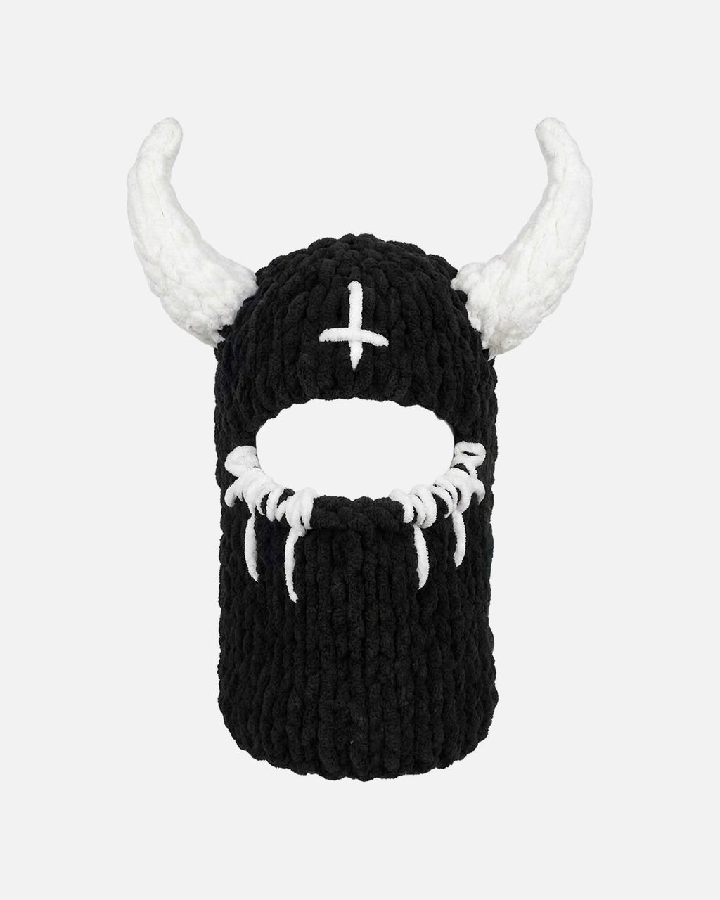 White Horn Demon Balaclava – black knit demon balaclava with white horns, product photo on grey background