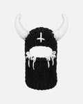 White Horn Demon Balaclava – black knit demon balaclava with white horns, product photo on grey background