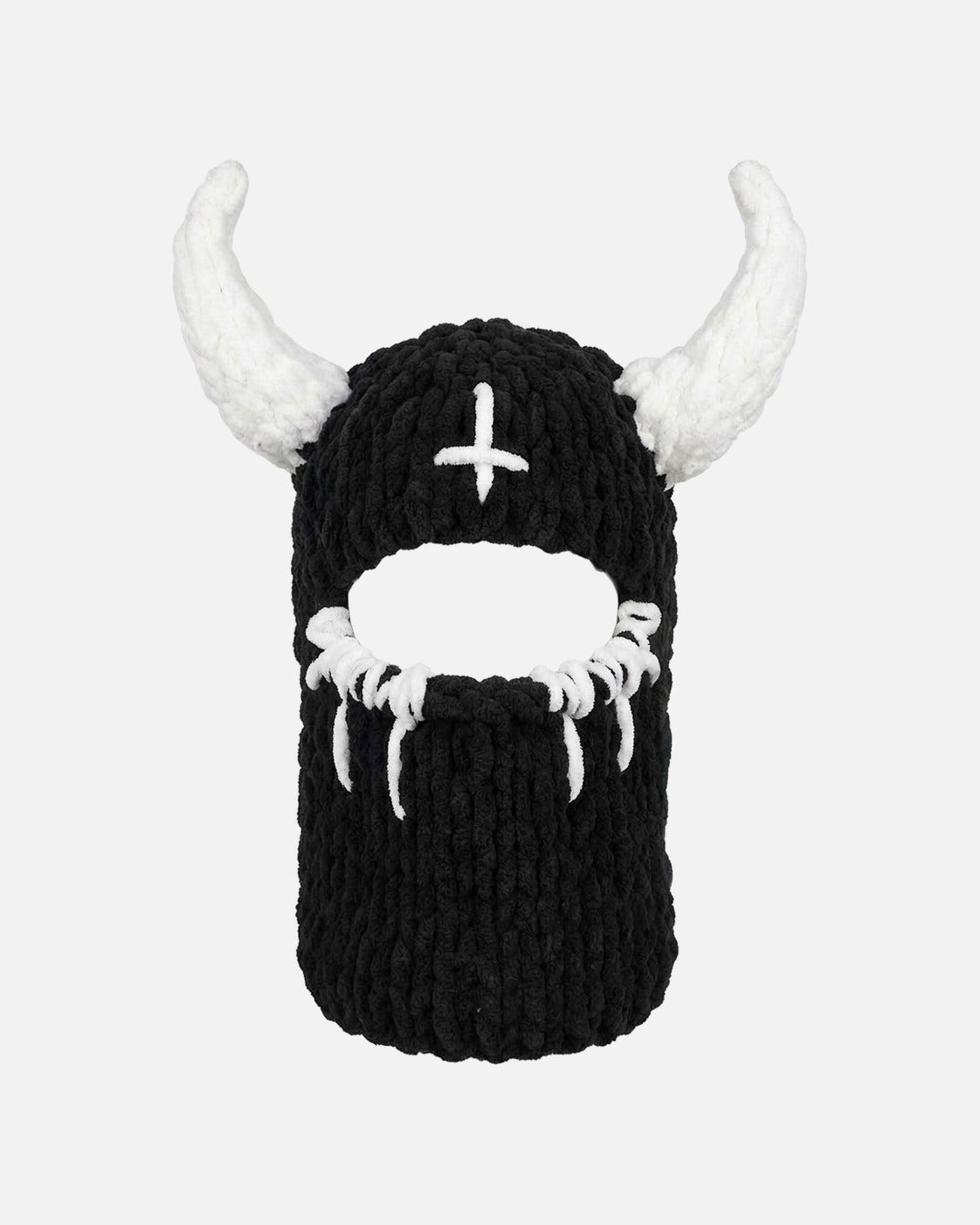 White Horn Demon Balaclava – black knit demon balaclava with white horns, product photo on grey background