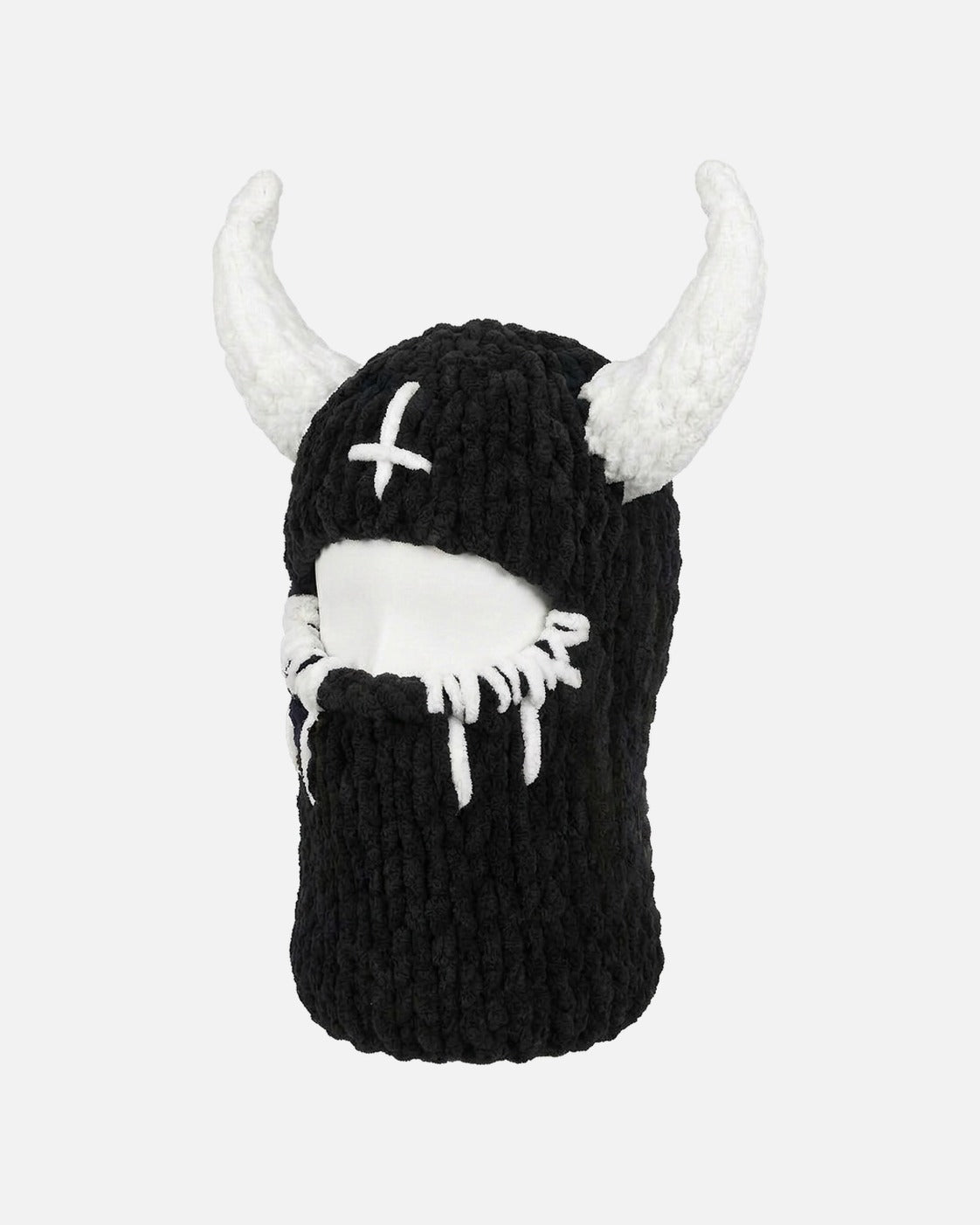 White Horn Demon Balaclava – black knit demon balaclava with white horns, alternate view