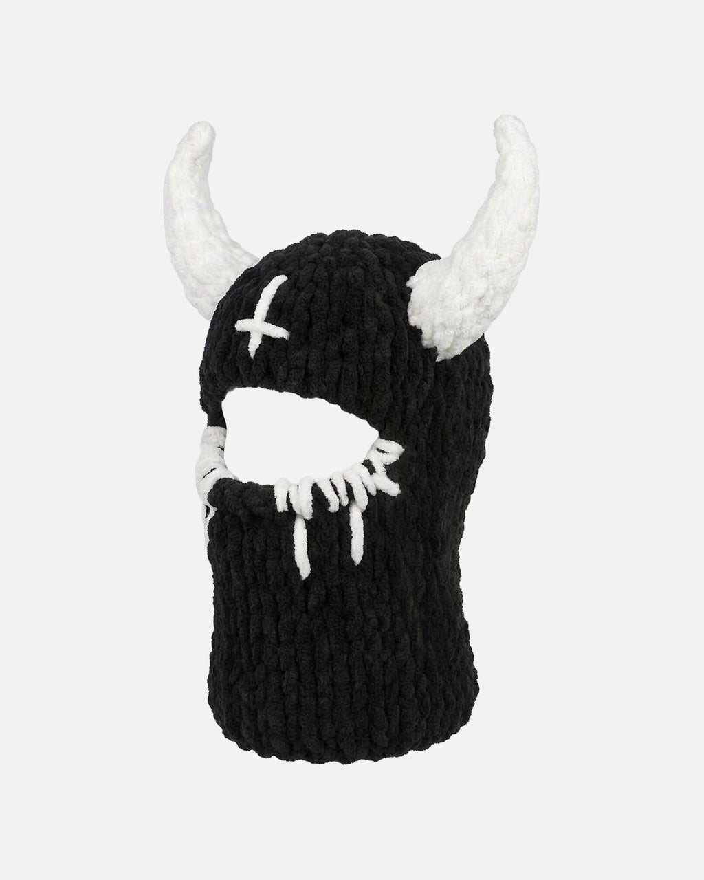 White Horn Demon Balaclava – black knit demon balaclava with white horns, close-up detail