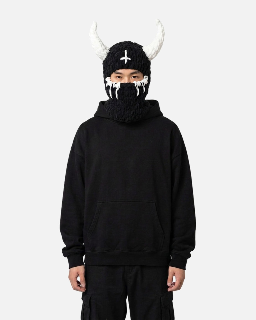 White Horn Demon Balaclava – black knit demon balaclava with white horns, alternate view