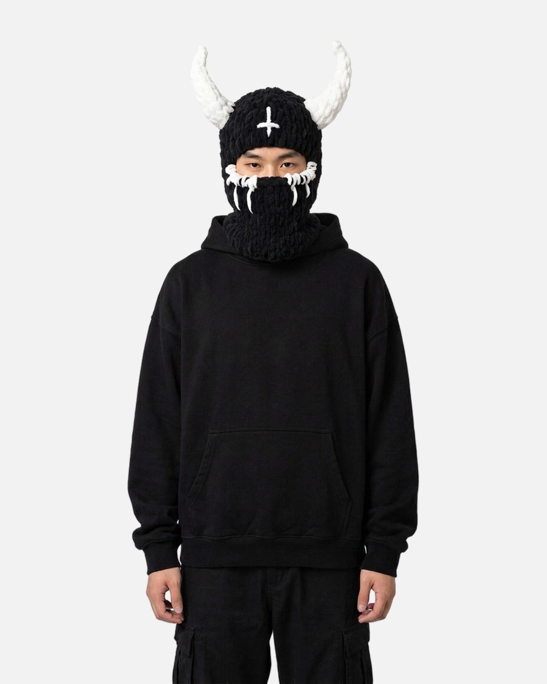 White Horn Demon Balaclava – black knit demon balaclava with white horns, alternate view