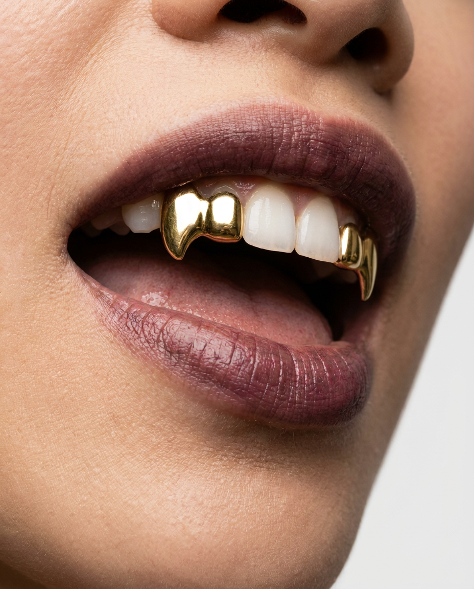 Vampire Fang Grillz worn – vampire fang grillz pair styled in a streetwear outfit