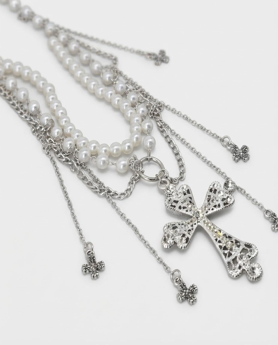 Pearl Cross Waist Chain – showing the rhinestone cross and faux pearls, women's gothic waist chain