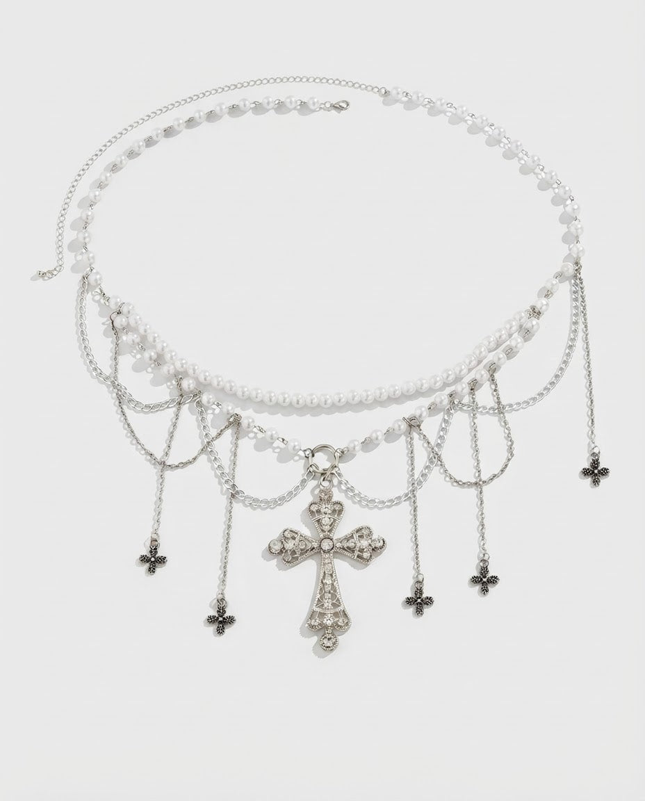 Pearl Cross Waist Chain – shown from another angle, women's gothic waist chain