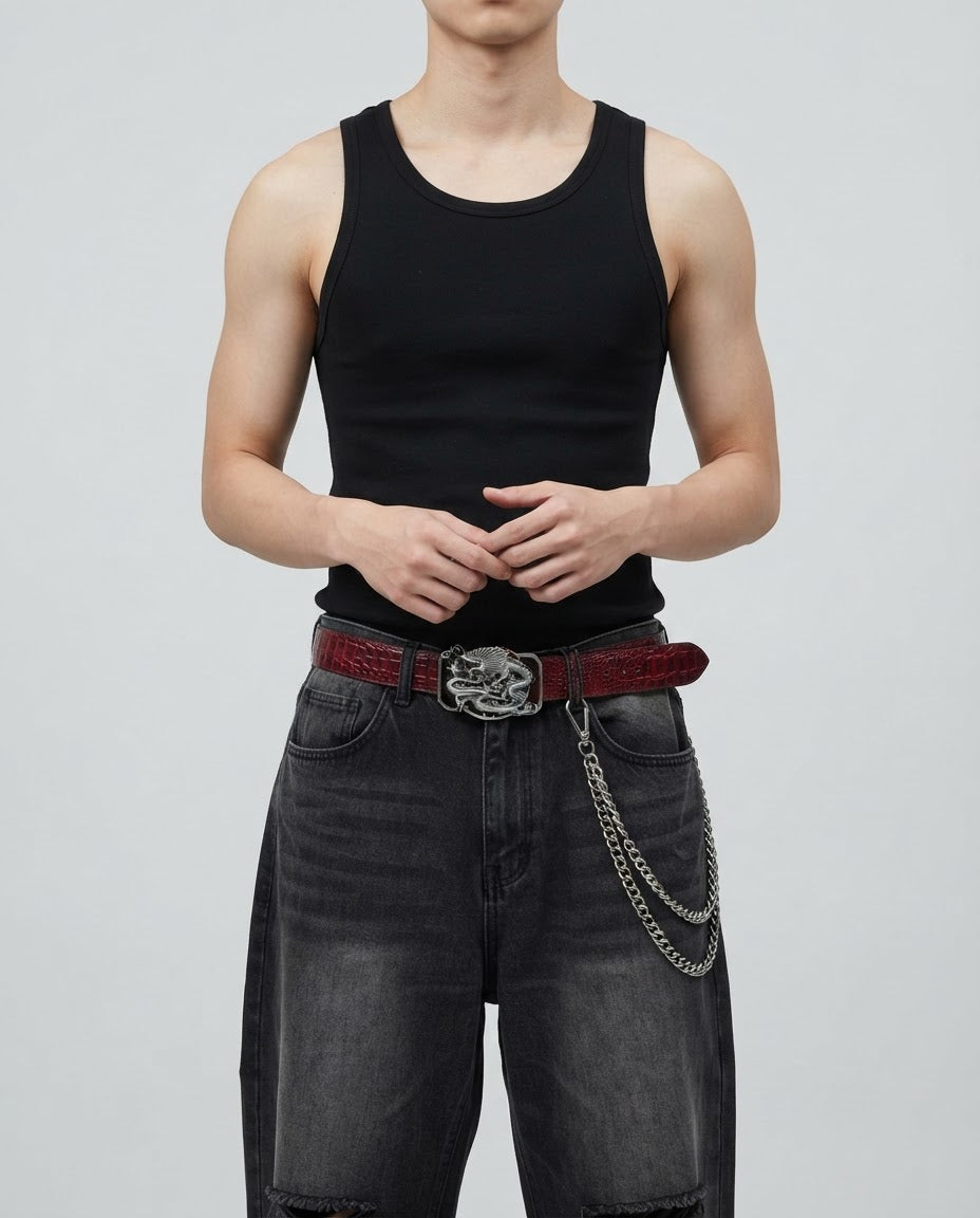 Red Dragon Buckle Belt worn – red croc belt with sculpted silver dragon buckle styled in a streetwear outfit