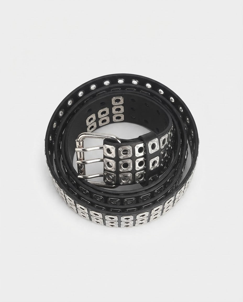Rivet Grommet Belt – showing the square grommets and double-prong buckle, unisex punk belt