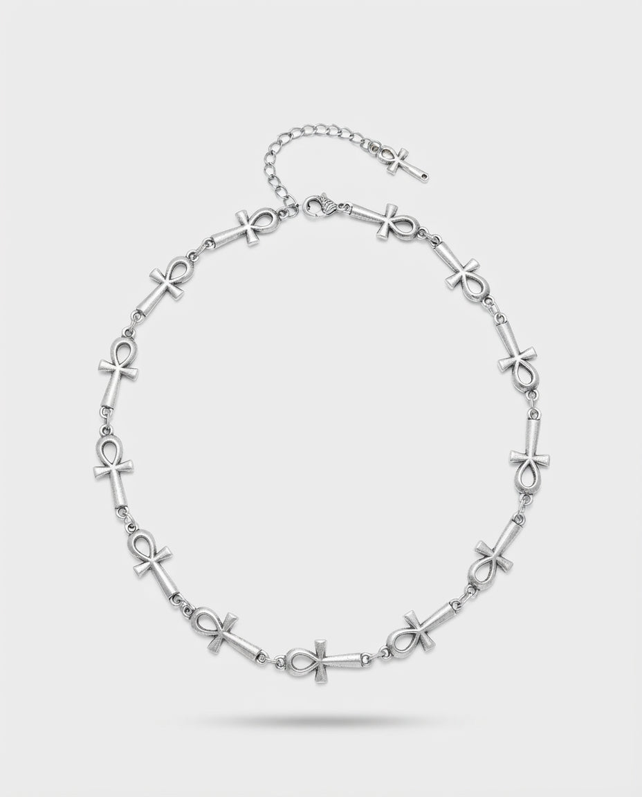 Ankh Cross Chain – silver ankh cross link chain, product photo on grey background