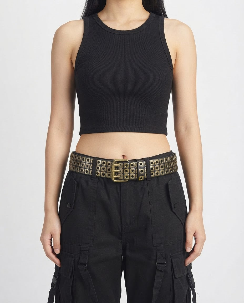Rivet Grommet Belt – close-up of the PU leather finish, unisex punk belt