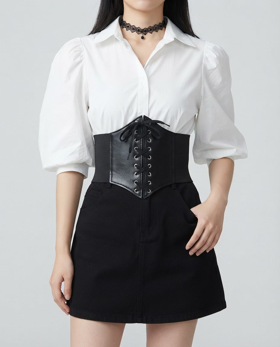 Lace-Up Corset Waist Belt worn at the waist – women's gothic belt styled with streetwear