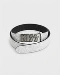 Embossed Totem Letter Belt – unisex retro belt in PU leather, front product photo on a grey background