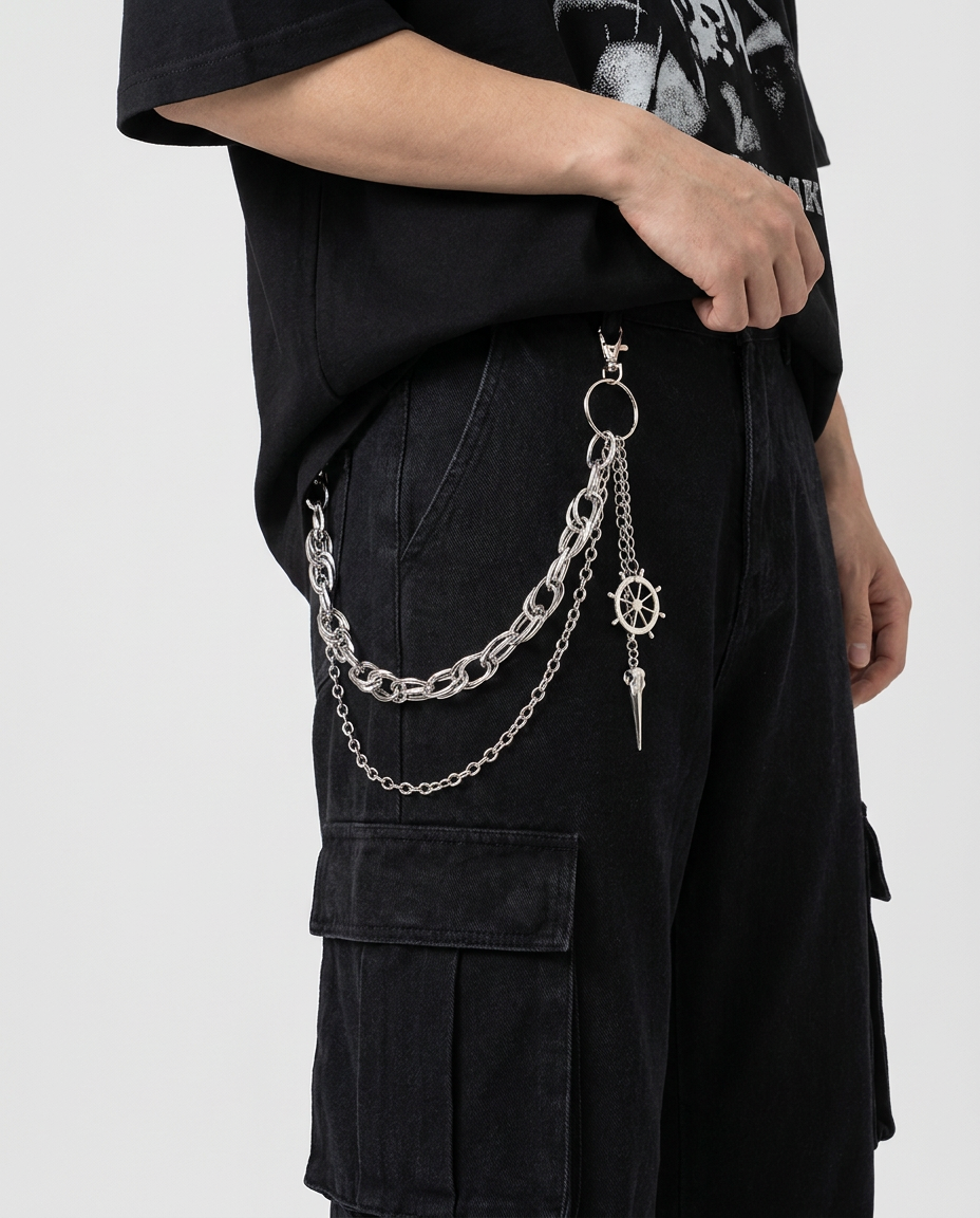 Helm Spike Layered Pants Chain – layered silver pants chain with spike and ship wheel charm, alternate view