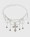 Pearl Cross Waist Chain – women's gothic waist chain in alloy, front product photo on a grey background