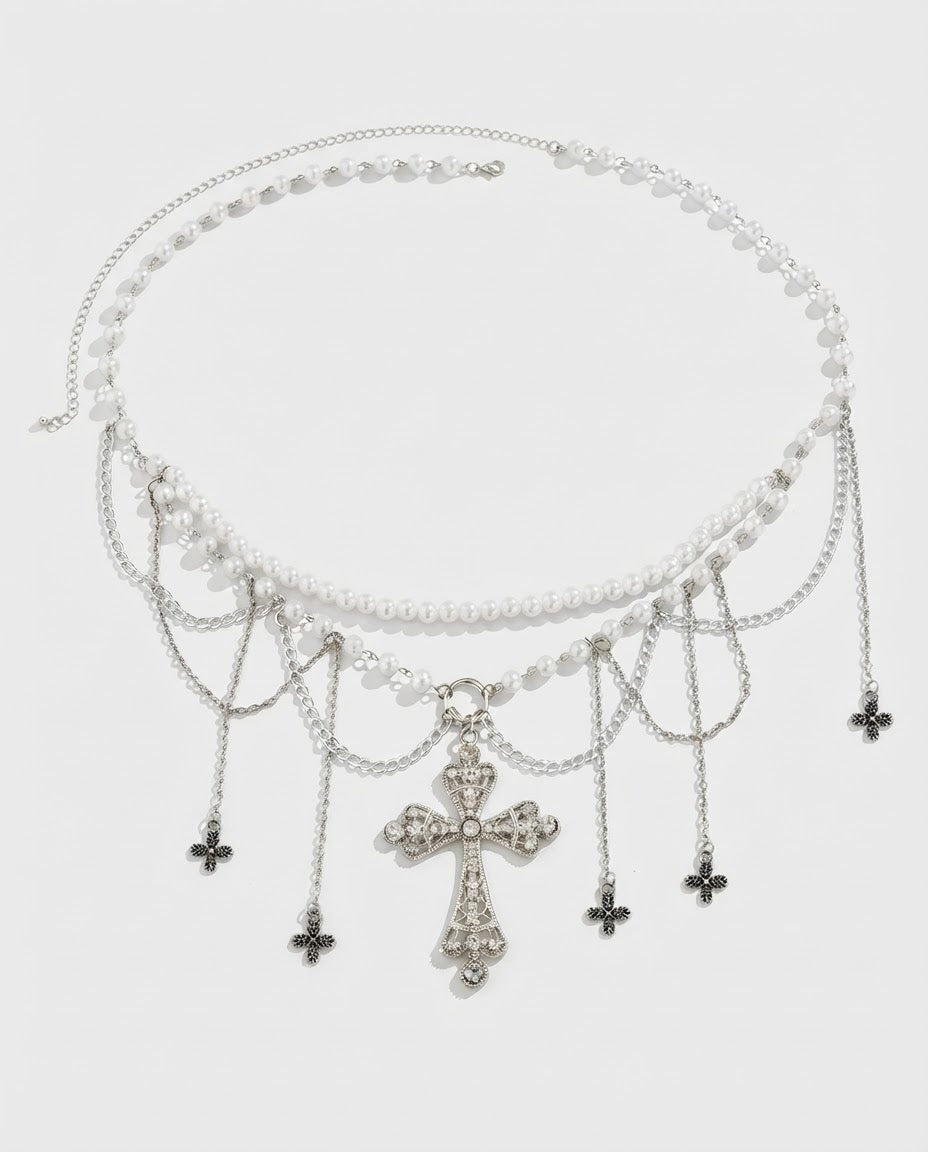 Pearl Cross Waist Chain – pearl and cross silver waist chain, product photo on grey background