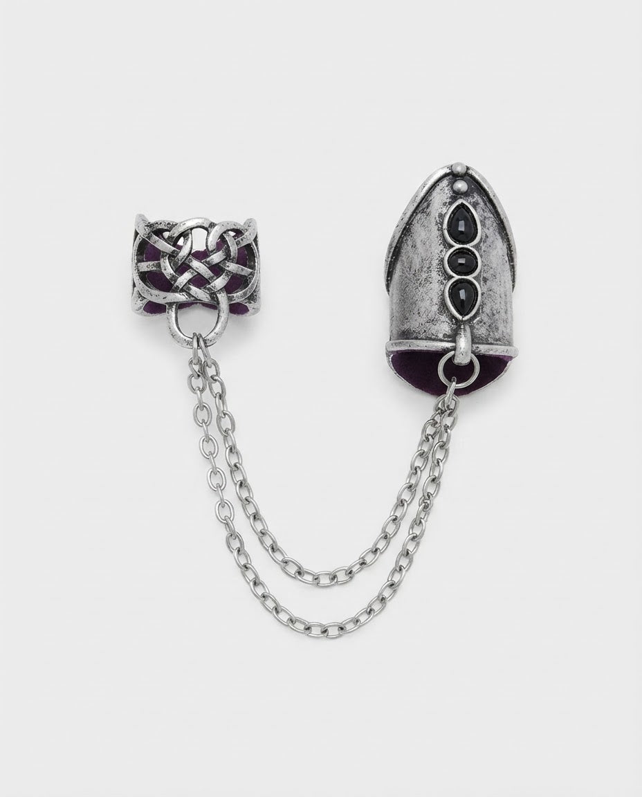 Punk Chain Armor Ring – punk fingertip armor ring with chains, product photo on grey background
