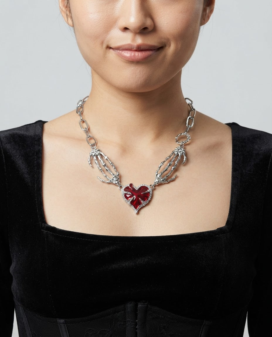 Skeleton Hands Heart Necklace