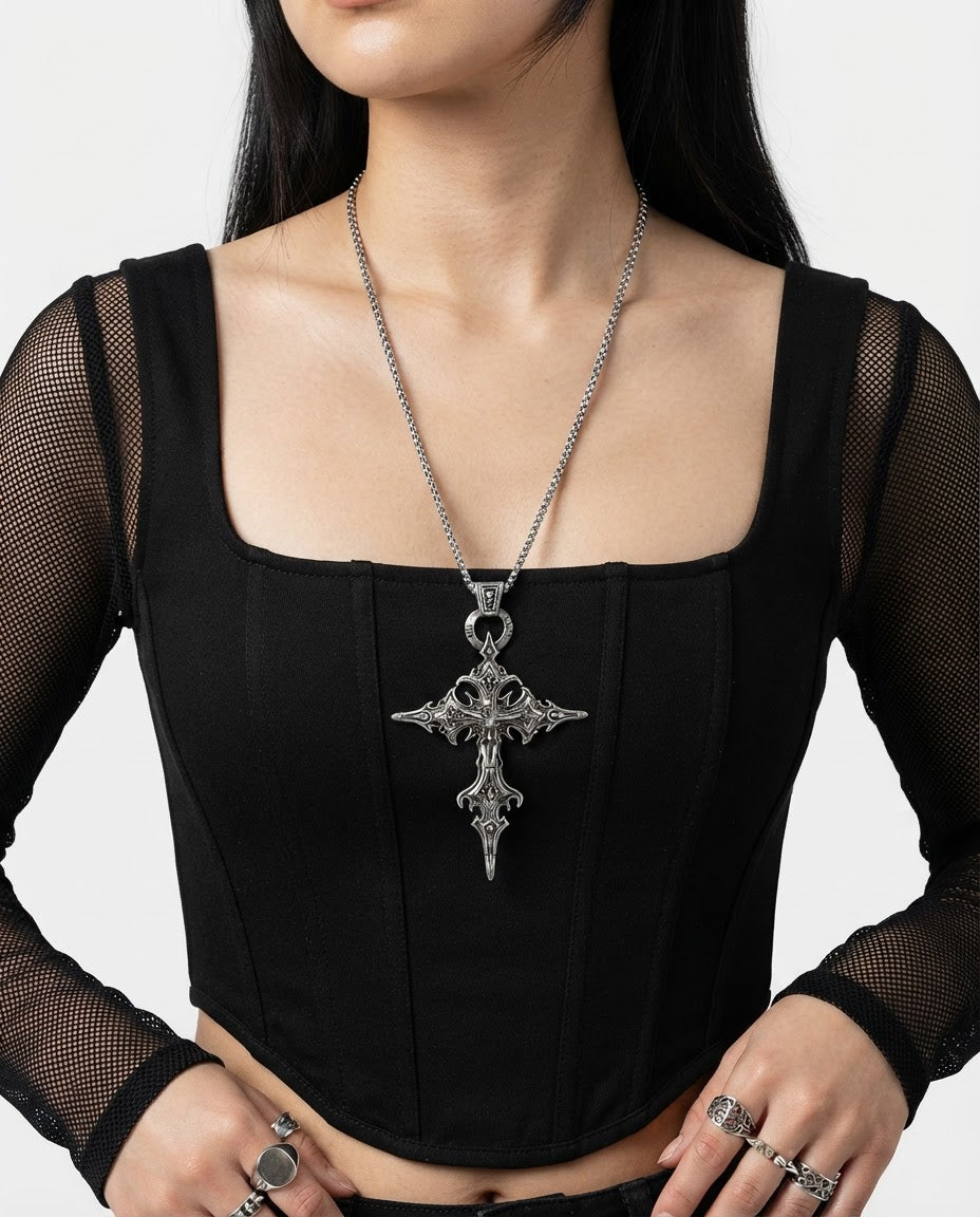 Ornate Cross Necklace worn – large ornate silver cross pendant on 60 cm chain styled in a streetwear outfit