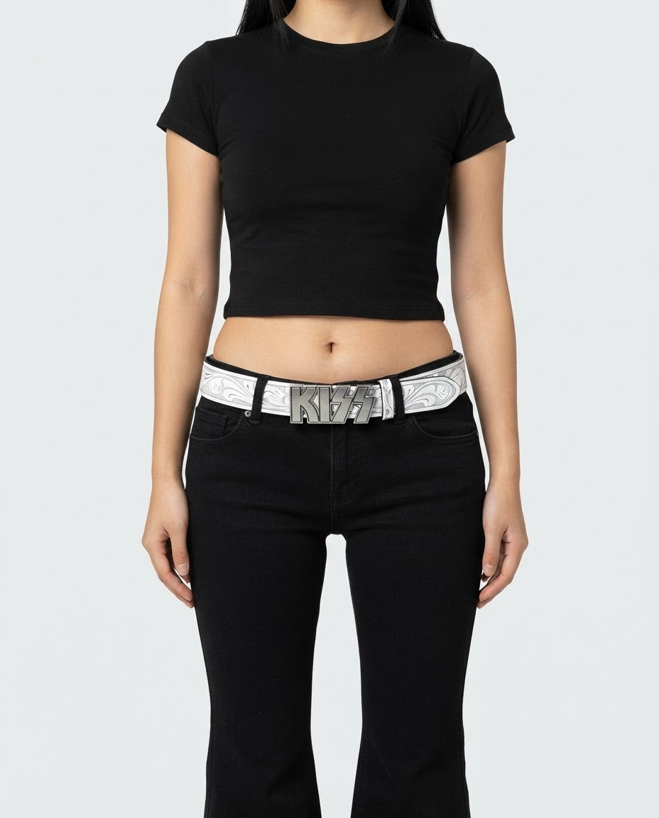 Embossed Totem Letter Belt – showing the silver letter buckle and embossed totem pattern, unisex retro belt