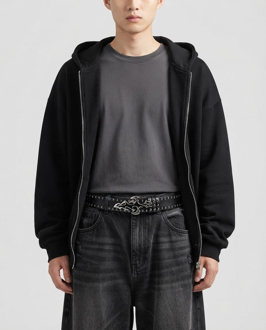 Flame Cross Studded Belt worn at the waist – second styled look, unisex retro belt