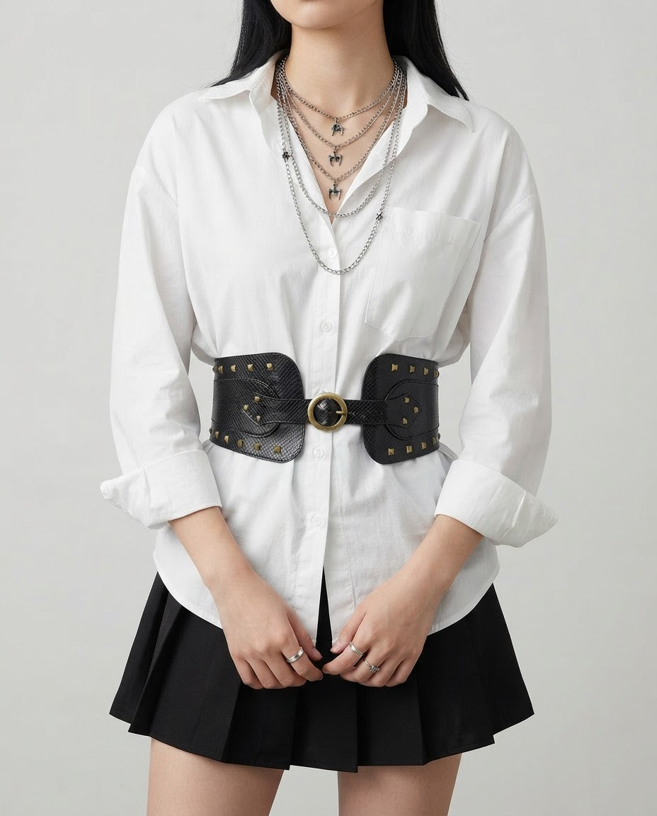 Wide Corset Waist Belt worn at the waist – women's retro belt styled with streetwear