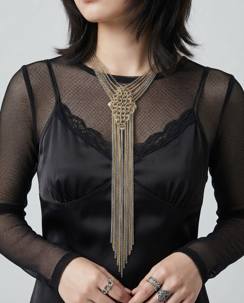 Chain Tie Necklace worn around the neck – second styled look, unisex vintage necklace
