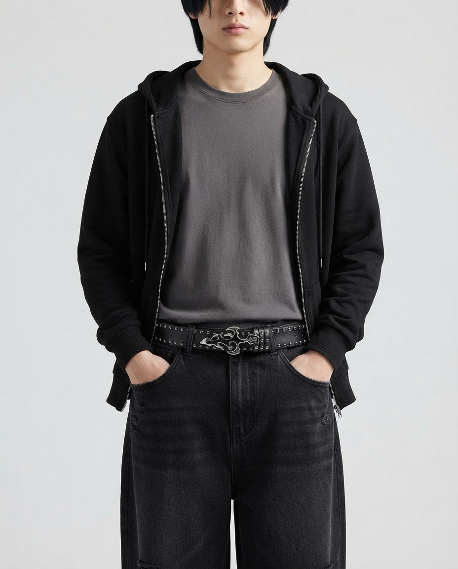 Flame Cross Studded Belt worn at the waist – unisex retro belt styled with streetwear