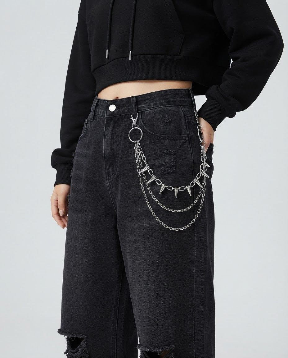 Punk Spike Pants Chain clipped to the belt loops of jeans – second styled look, unisex punk pants chain