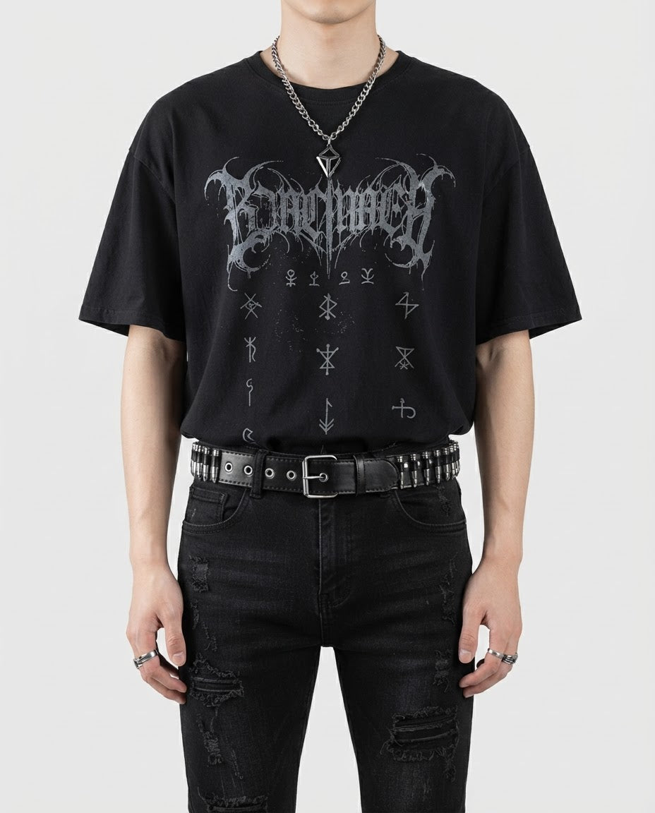 Bullet Studded Belt worn at the waist – unisex punk belt styled with streetwear