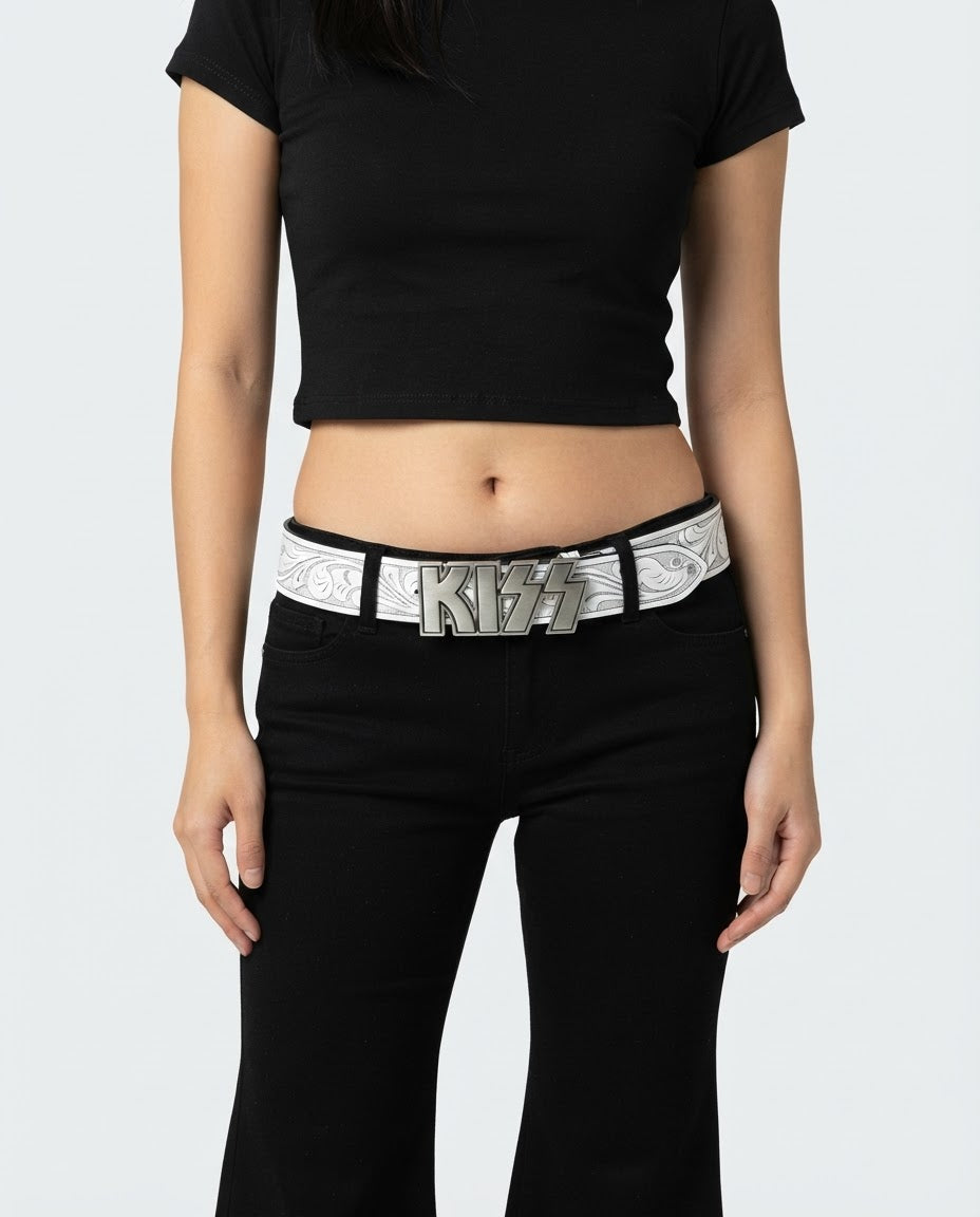 Embossed Totem Letter Belt worn at the waist – unisex retro belt styled with streetwear