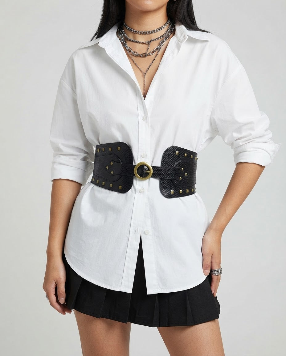Wide Corset Waist Belt worn at the waist – second styled look, women's retro belt