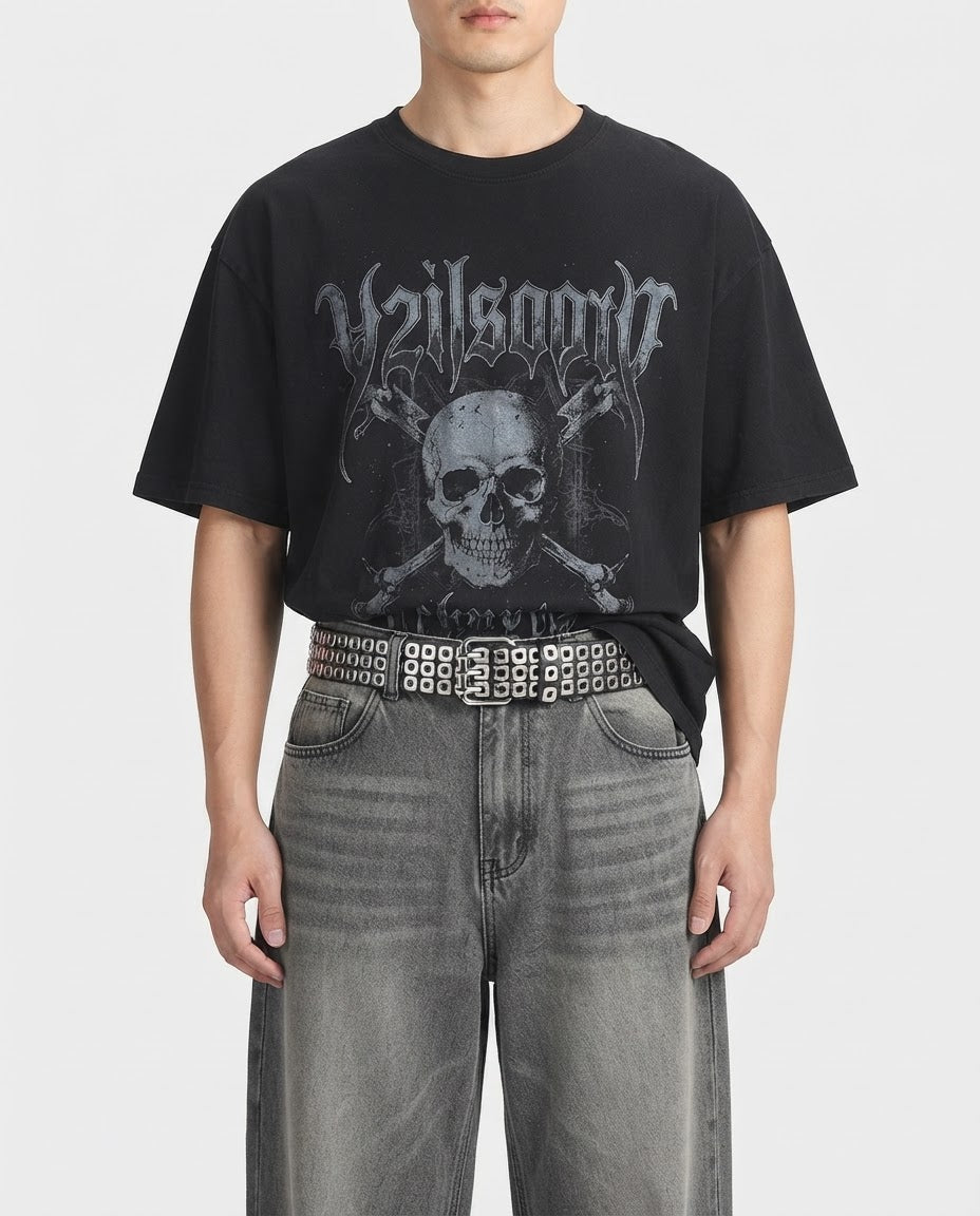Rivet Grommet Belt worn at the waist – unisex punk belt styled with streetwear