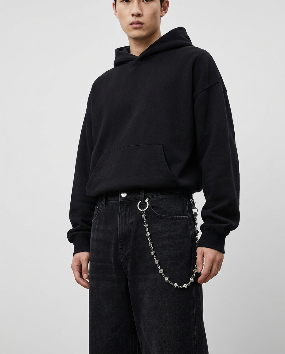 Dice Link Pants Chain worn – silver pants chain with black and white dice styled in a streetwear outfit