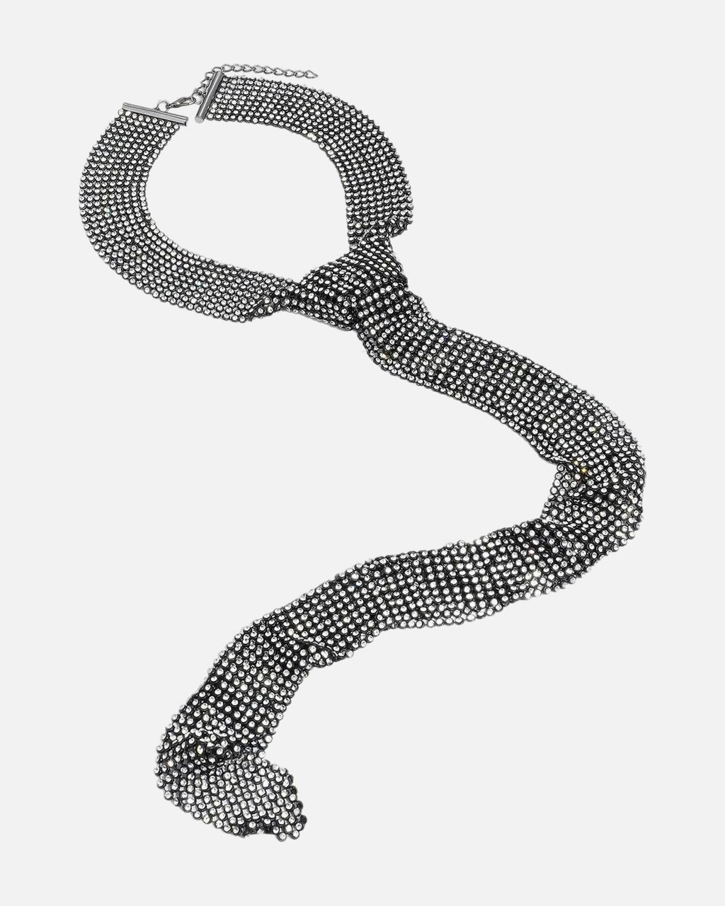 Rhinestone Tie Necklace Black mesh drape
