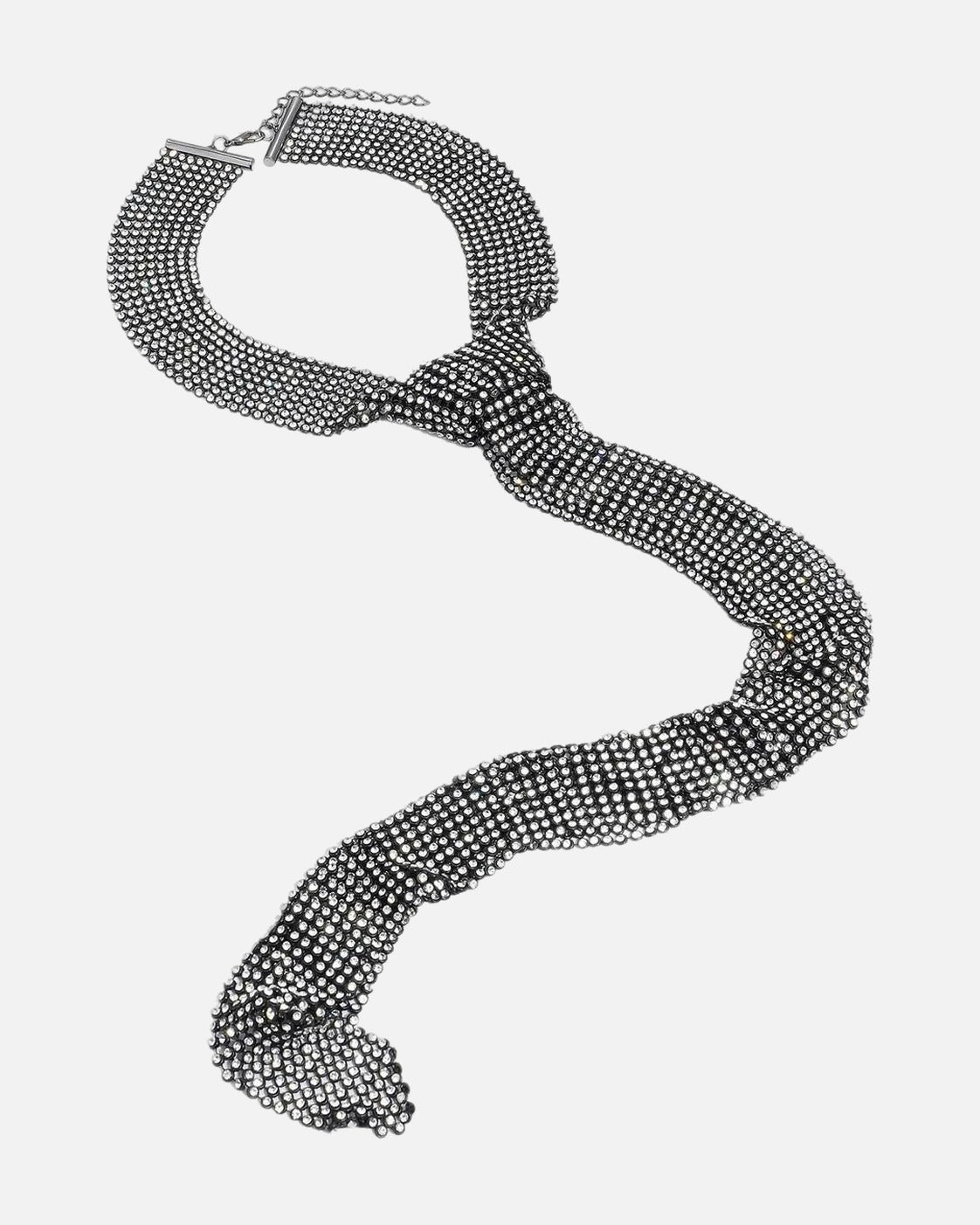 Rhinestone Tie Necklace Black mesh drape